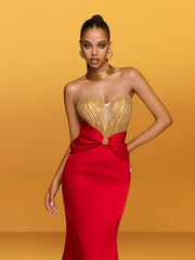 Robe longue bustier en satin à nœud 