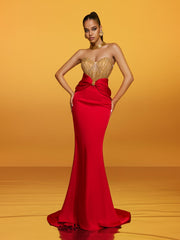 Robe longue bustier en satin à nœud 