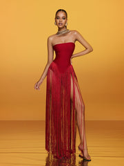 Strapless Fringe Bandage Maxi Dress