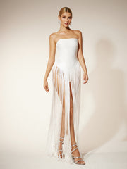 Strapless Fringe Bandage Maxi Dress In White