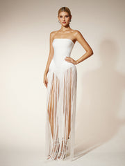 Strapless Fringe Bandage Maxi Dress In White