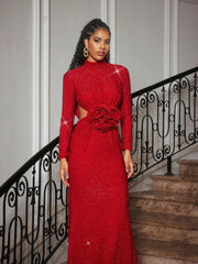 Long Sleeve Glitter Flower Cutout Dress