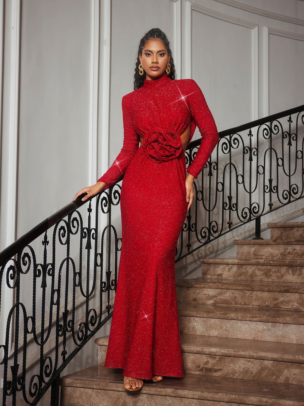 Long Sleeve Glitter Flower Cutout Dress