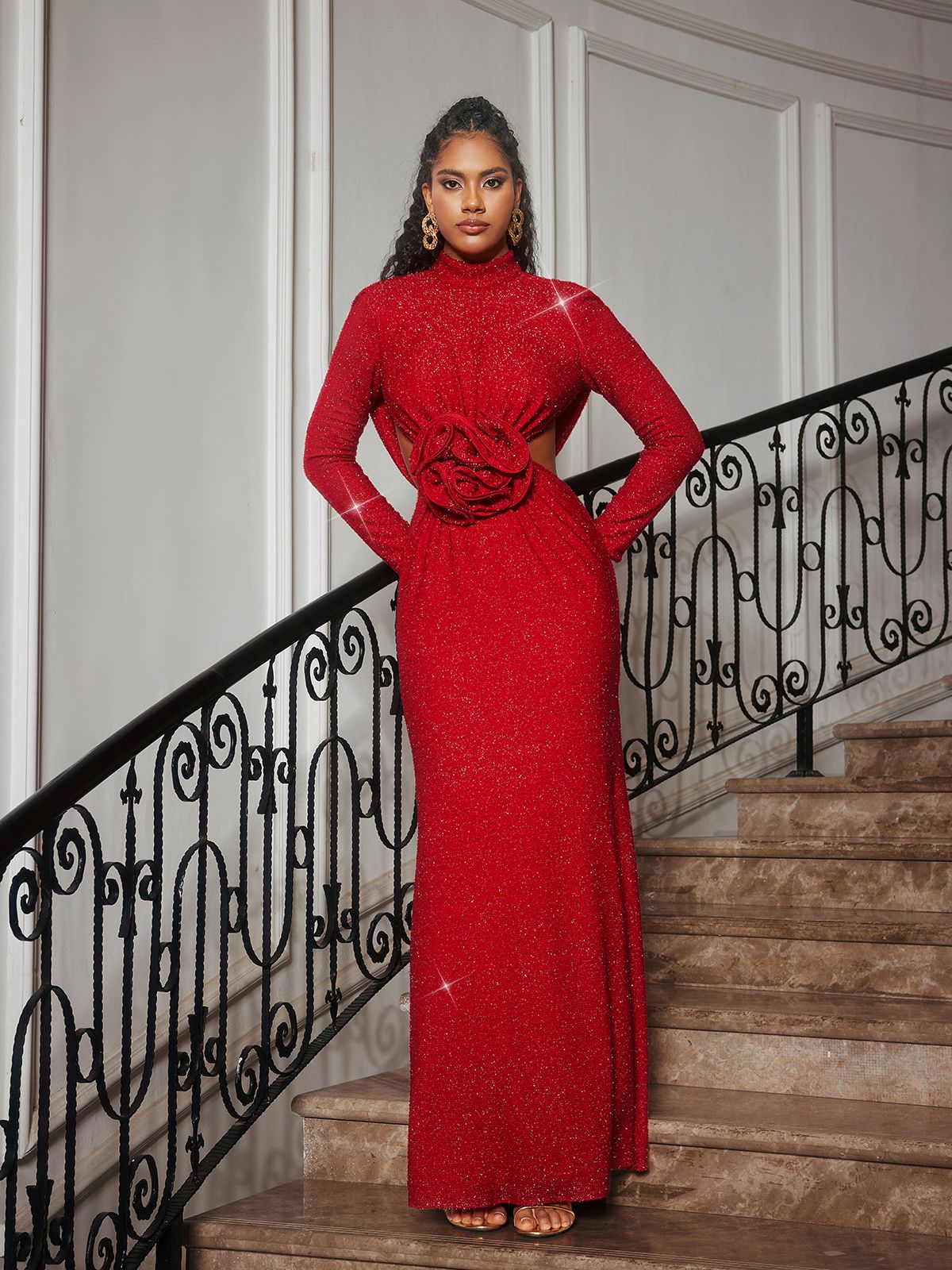 Long Sleeve Glitter Flower Cutout Dress