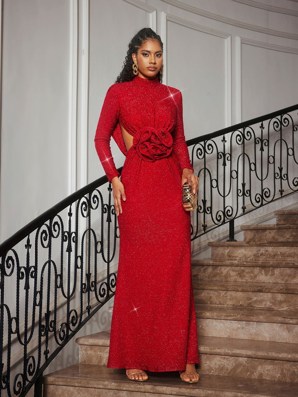 Long Sleeve Glitter Flower Cutout Dress