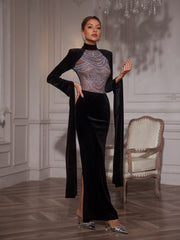 Robe longue en velours strass 
