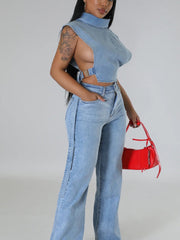 Denim Sleeveless Turtleneck Tops
