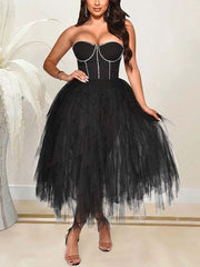Rhinestone Tube Tulle Prom Midi Dresses