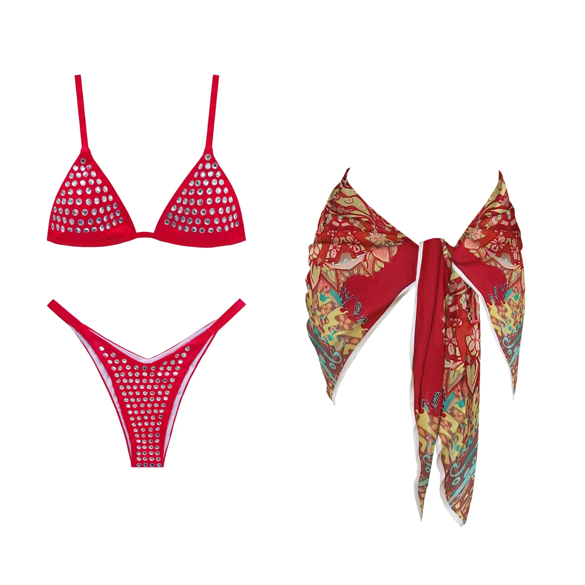 Rhinestones Swimsuit Bikini Swimsuit Separates Swimwear Halter Swimsuit High Leg Bathing Suit