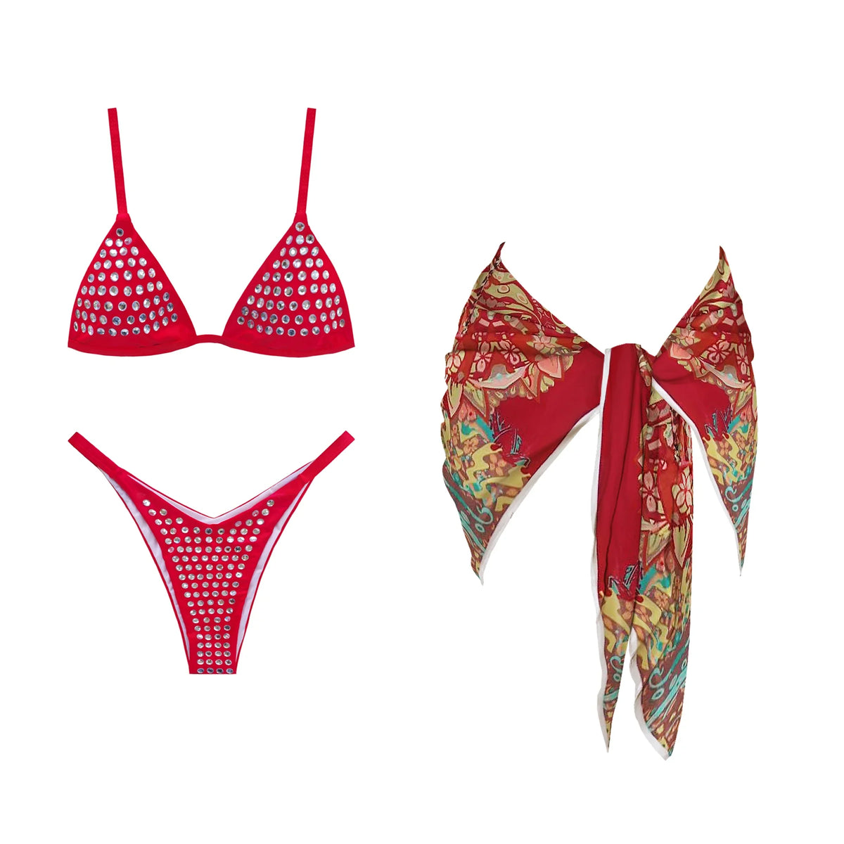 Rhinestones Swimsuit Bikini Swimsuit Separates Swimwear Halter Swimsuit High Leg Bathing Suit