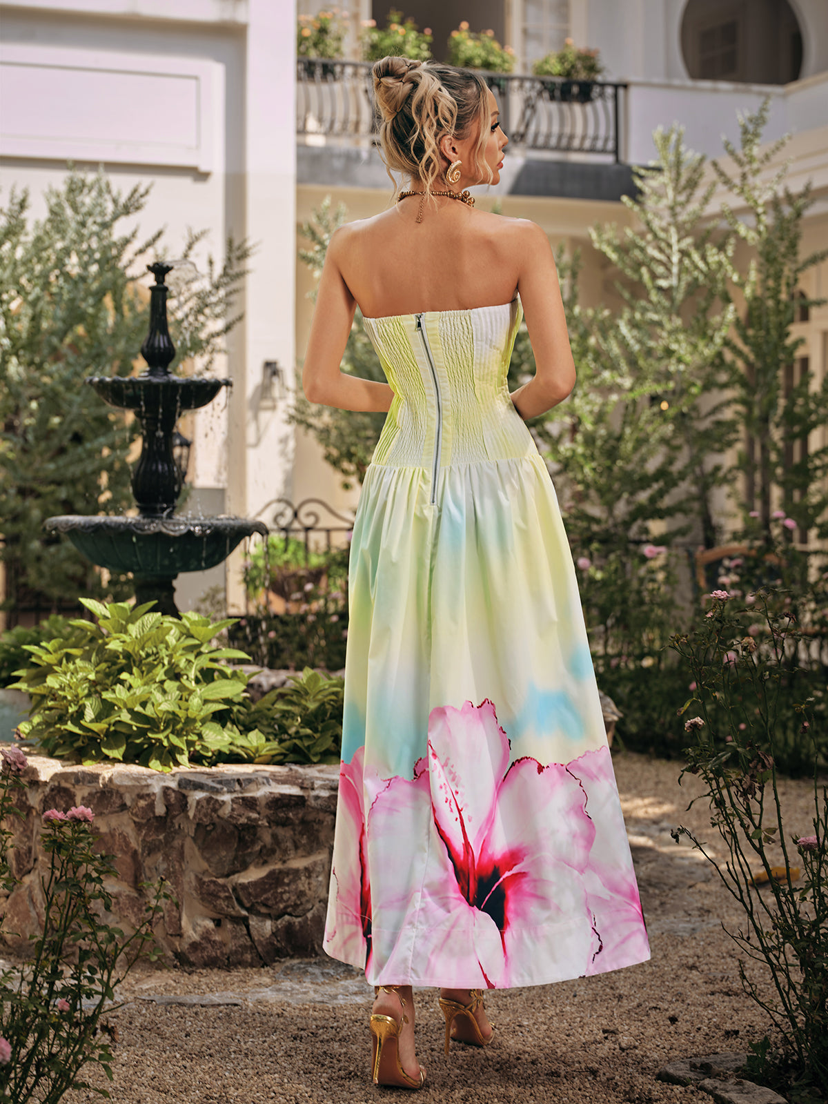 Strapless Floral Pleated Maxi Dress