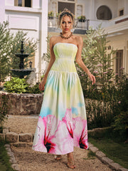 Strapless Floral Pleated Maxi Dress