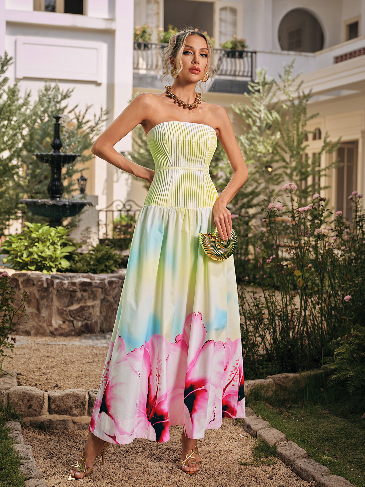 Strapless Floral Pleated Maxi Dress
