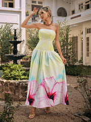 Strapless Floral Pleated Maxi Dress