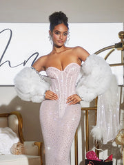 Robe longue bustier corset à strass sans bretelles 