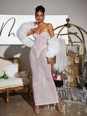 Robe longue bustier corset à strass sans bretelles 