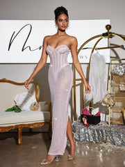 Robe longue bustier corset à strass sans bretelles 