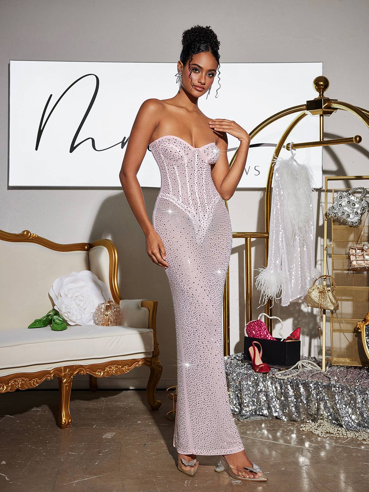 Robe longue bustier corset à strass sans bretelles 
