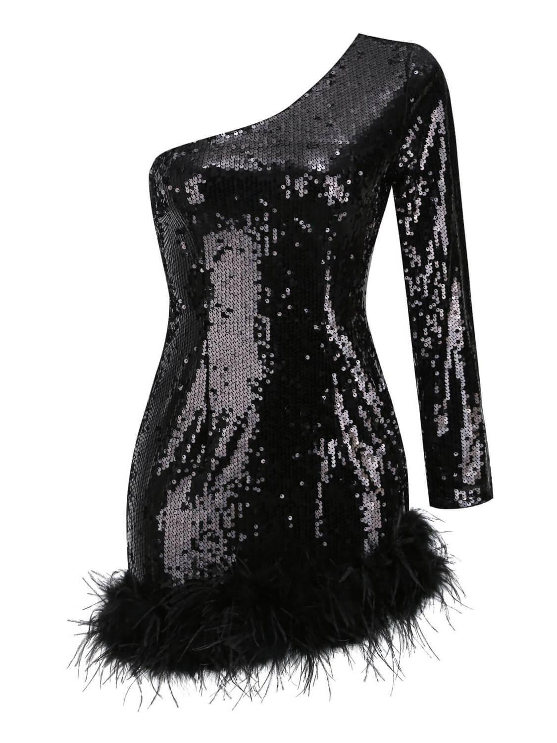 Robe mini asymétrique à sequins et plumes