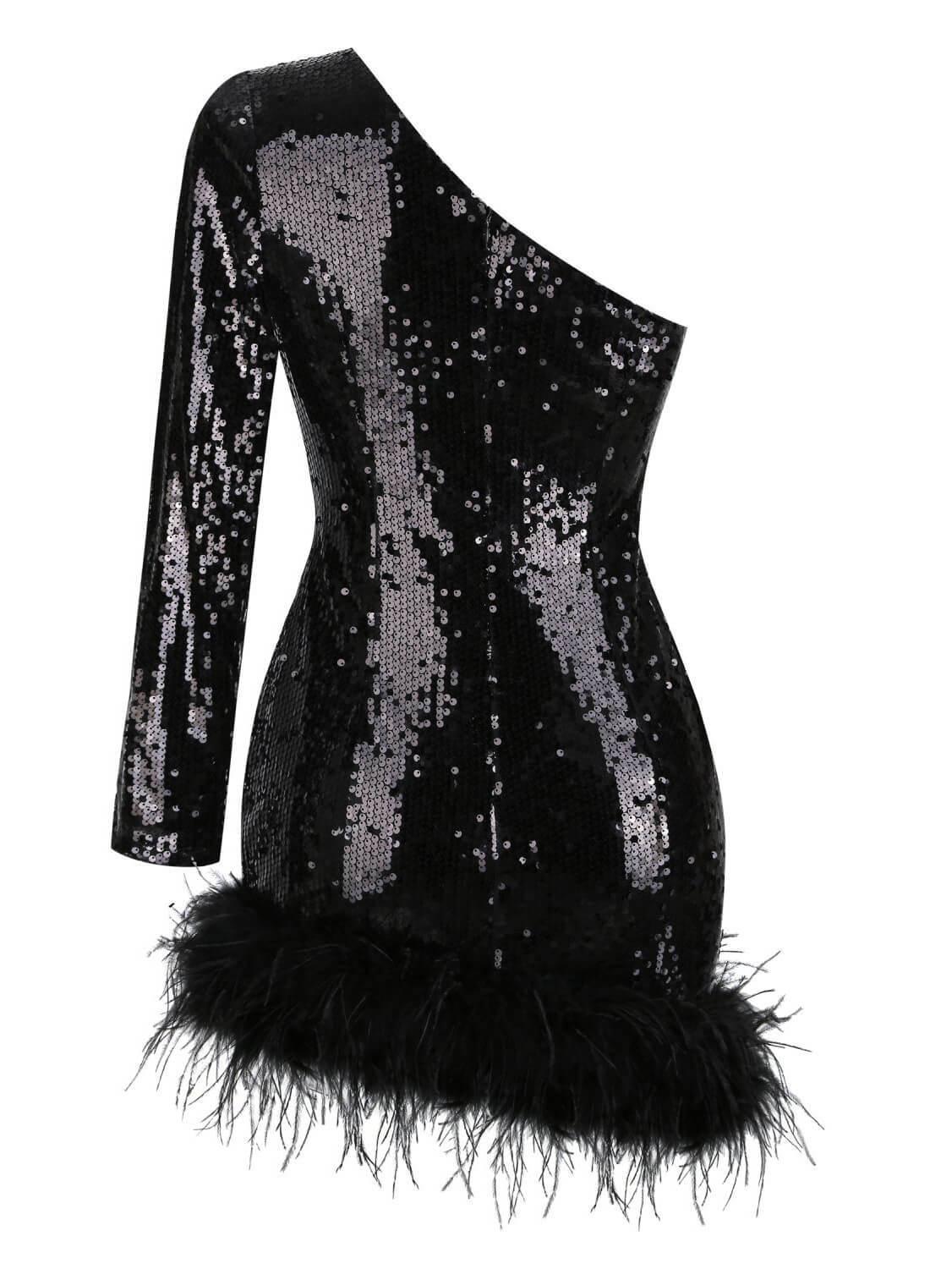 Robe mini asymétrique à sequins et plumes