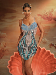Robe mini à spaghetti et strass bleue 