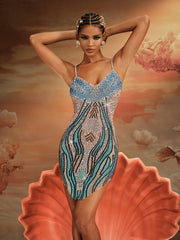 Robe mini à spaghetti et strass bleue 