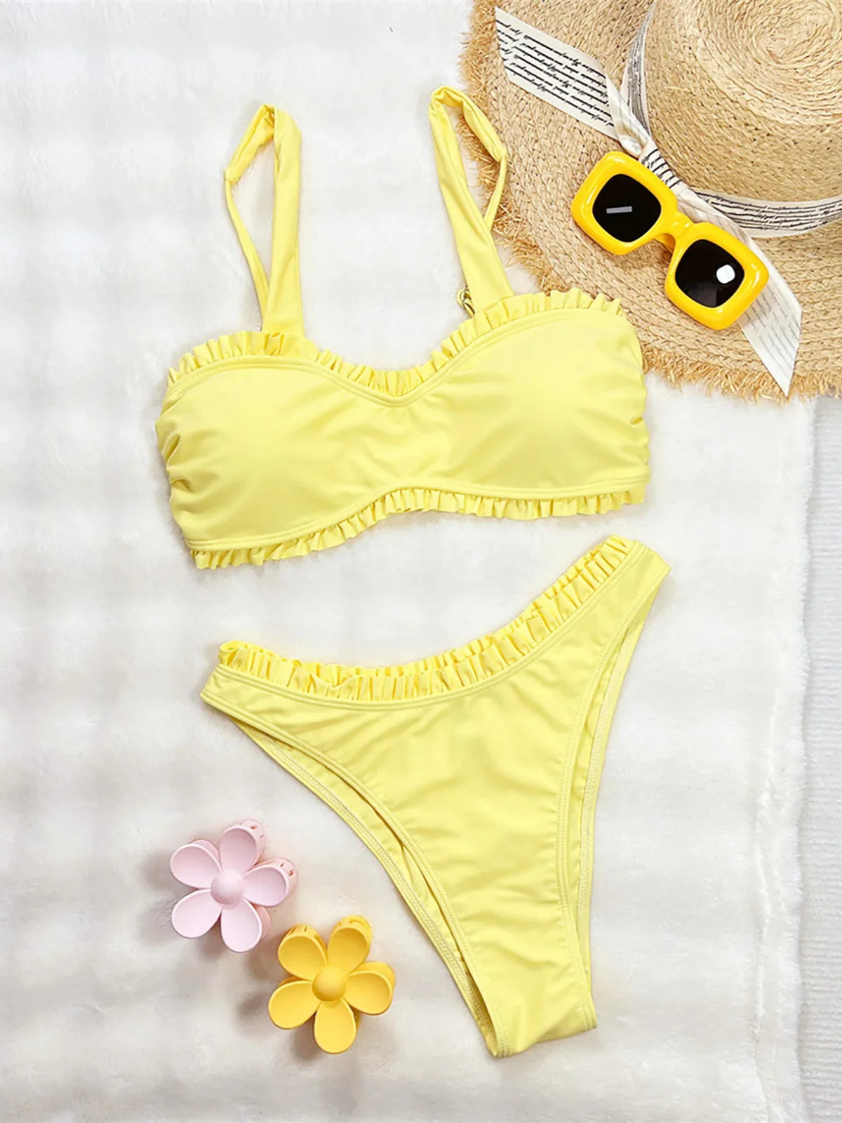 Ruffled Frilled Mid Waist Bikini Two-pieces Bikini Set
