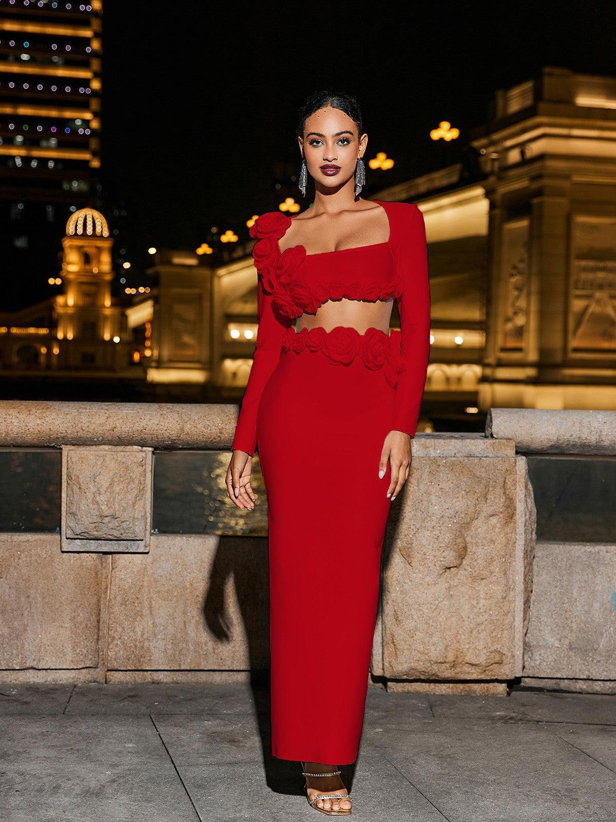 Ensemble jupe bandage à fleurs rouges 