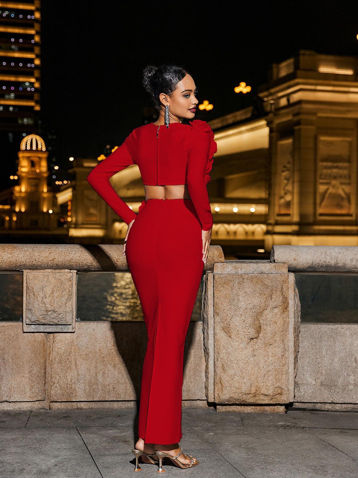 Ensemble jupe bandage à fleurs rouges 