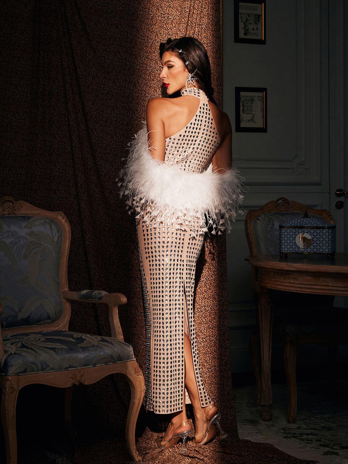 Robe longue dos nu à strass et plumes 
