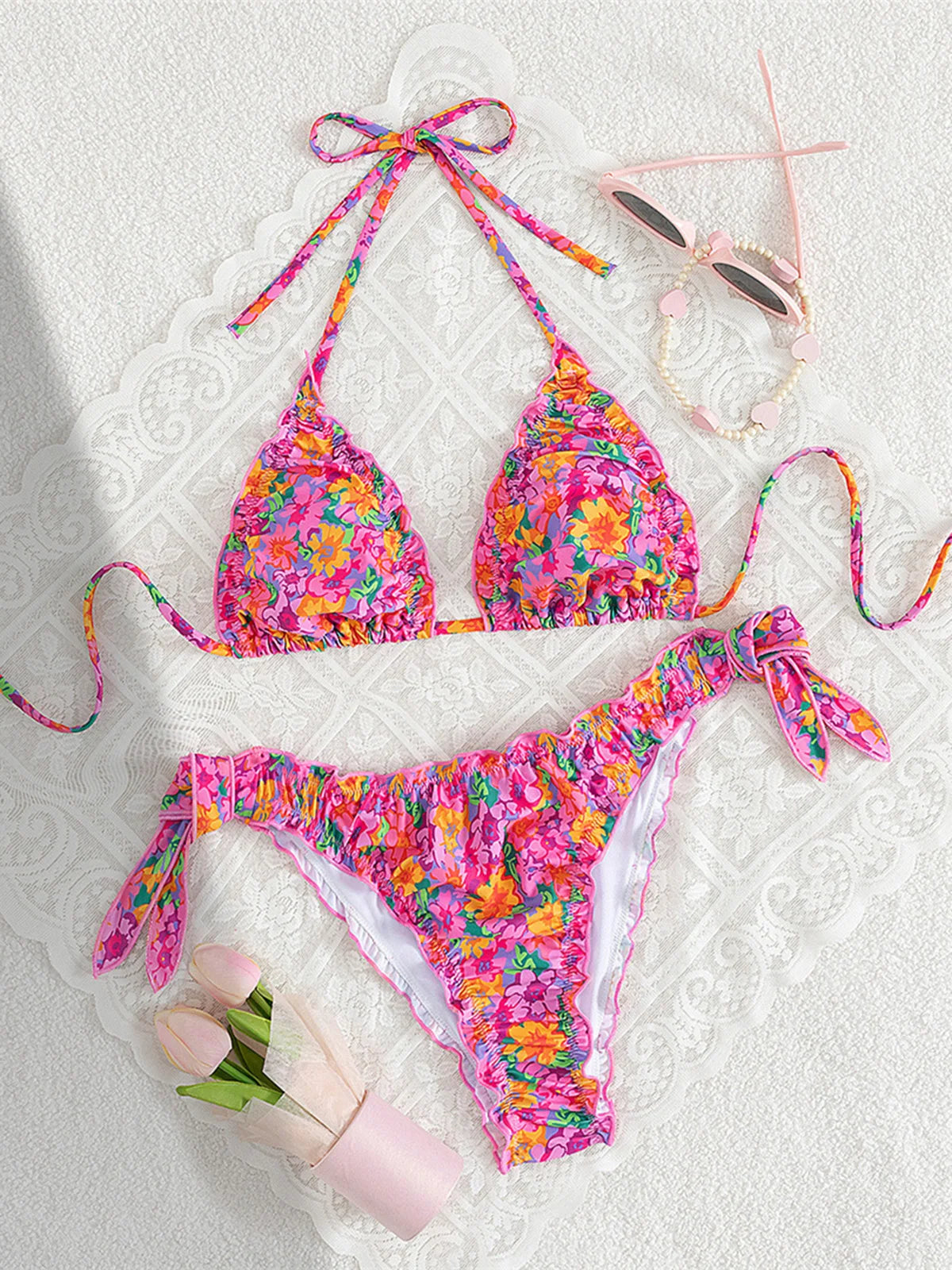S - XL Floral Flower Printed Halter Bikini Two-pieces Bikini Set