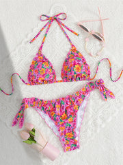 S - XL Floral Flower Printed Halter Bikini Two-pieces Bikini Set