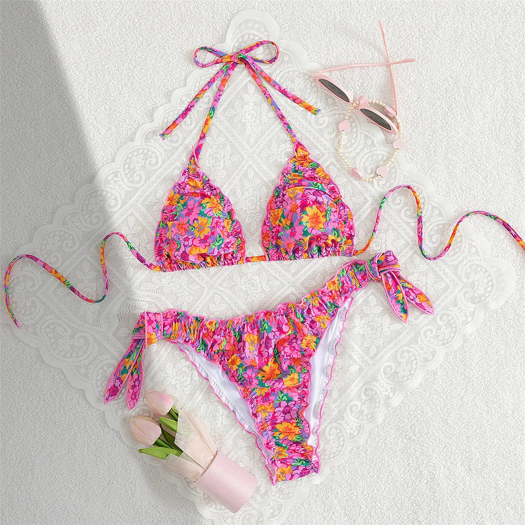 S - XL Floral Flower Printed Halter Bikini Two-pieces Bikini Set