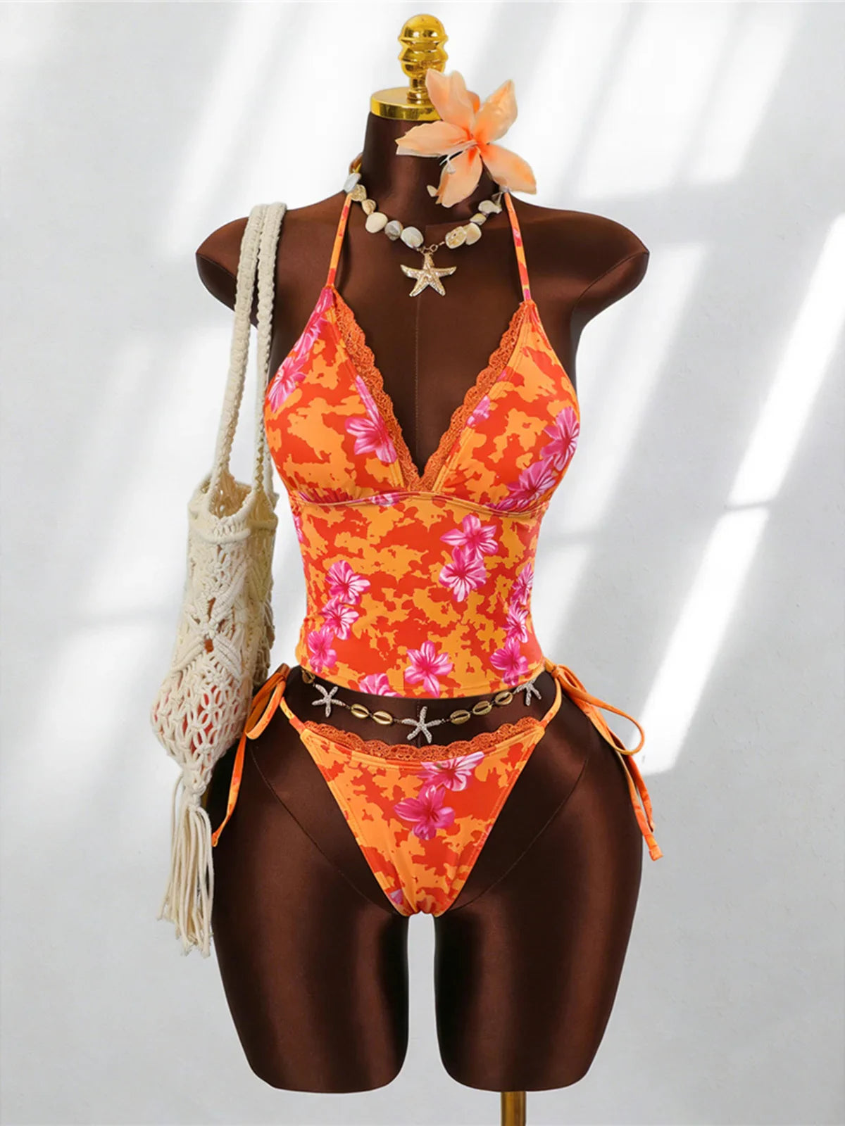 S - XL Flower Printed Tankini V Neck Bikini Two-pieces Bikini Set
