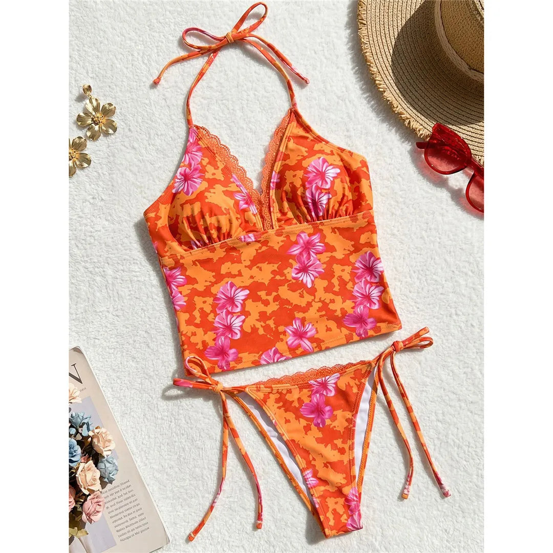 S - XL Flower Printed Tankini V Neck Bikini Two-pieces Bikini Set
