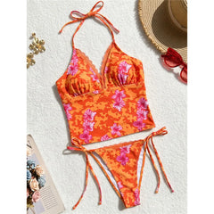 S - XL Flower Printed Tankini V Neck Bikini Two-pieces Bikini Set