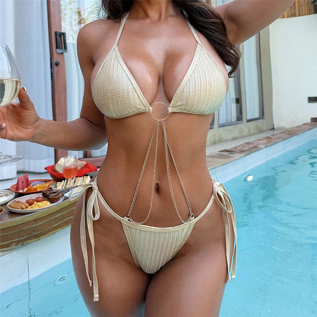 S - XL Metal Chains Halter Bikini Strappy Two-pieces Bikini Set