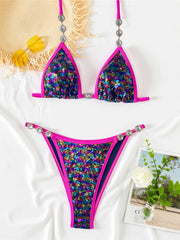 S - XL Sequins Rhinestones Halter Bikini Two-pieces Bikini Set