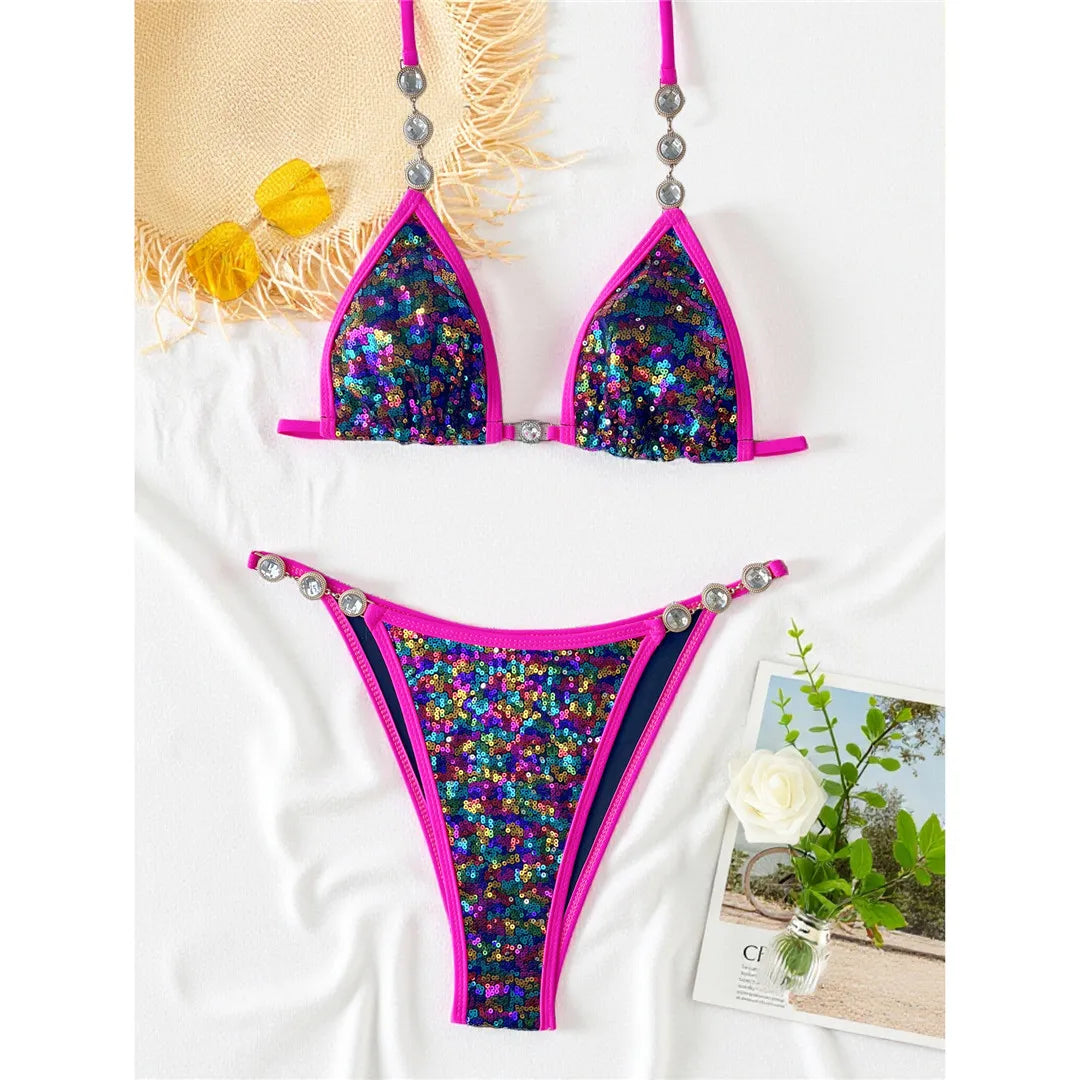 S - XL Sequins Rhinestones Halter Bikini Two-pieces Bikini Set