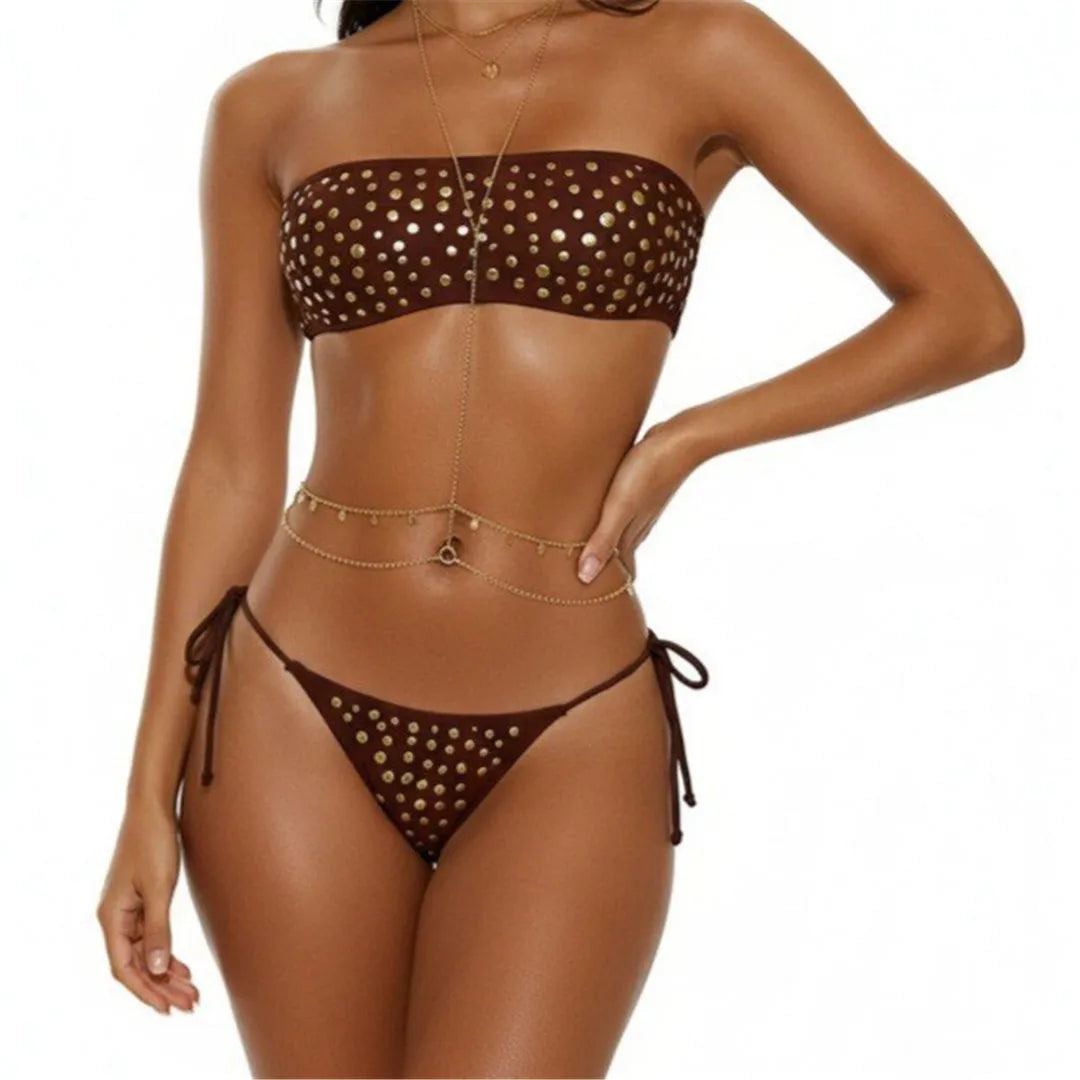 S - XL 3D Polka Dot Bandeau Bikini Two-pieces Bikini Set