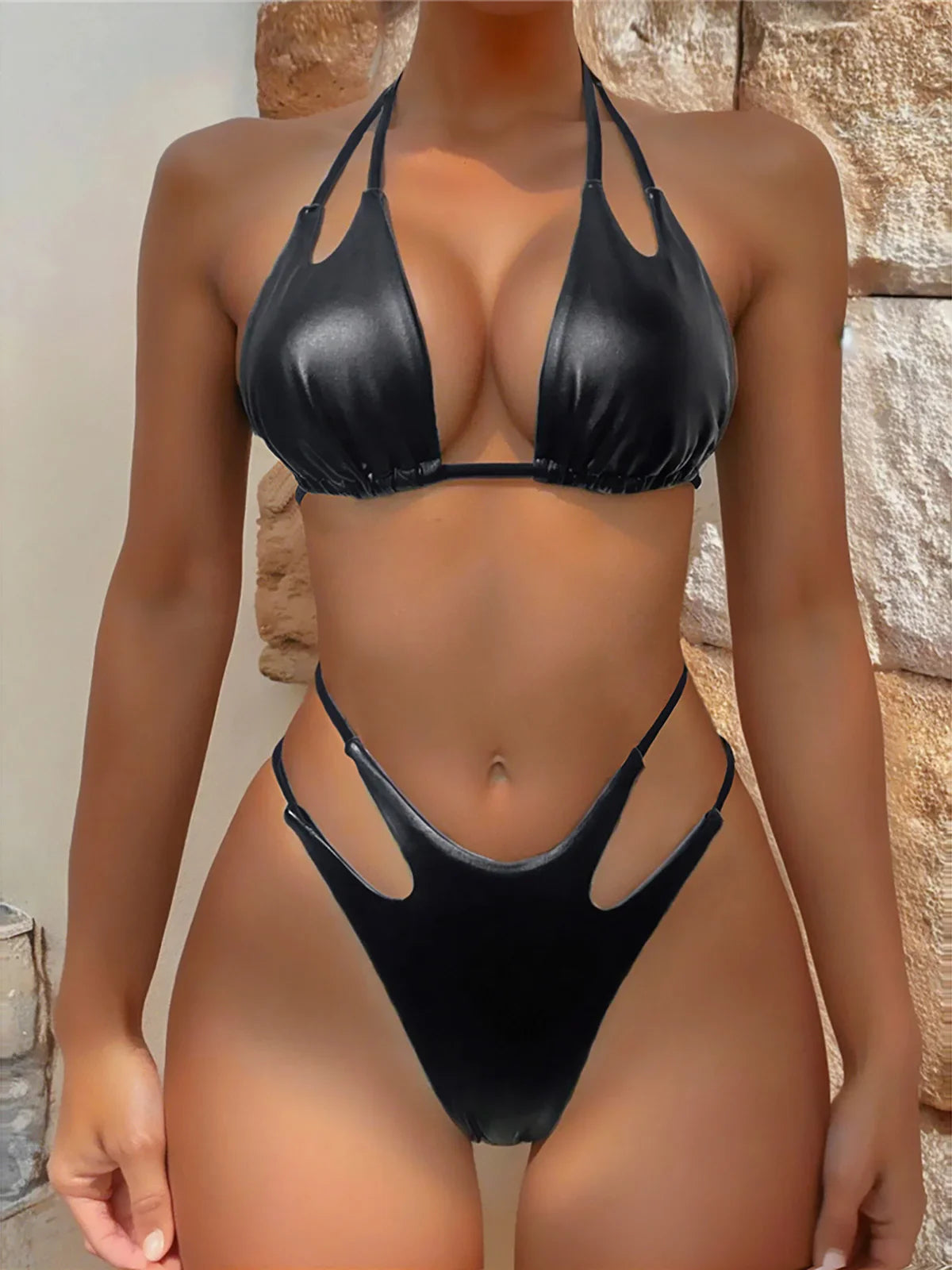 S - XL PU Faux Leather Scrunch Butt Bikini Two-pieces Bikini Set