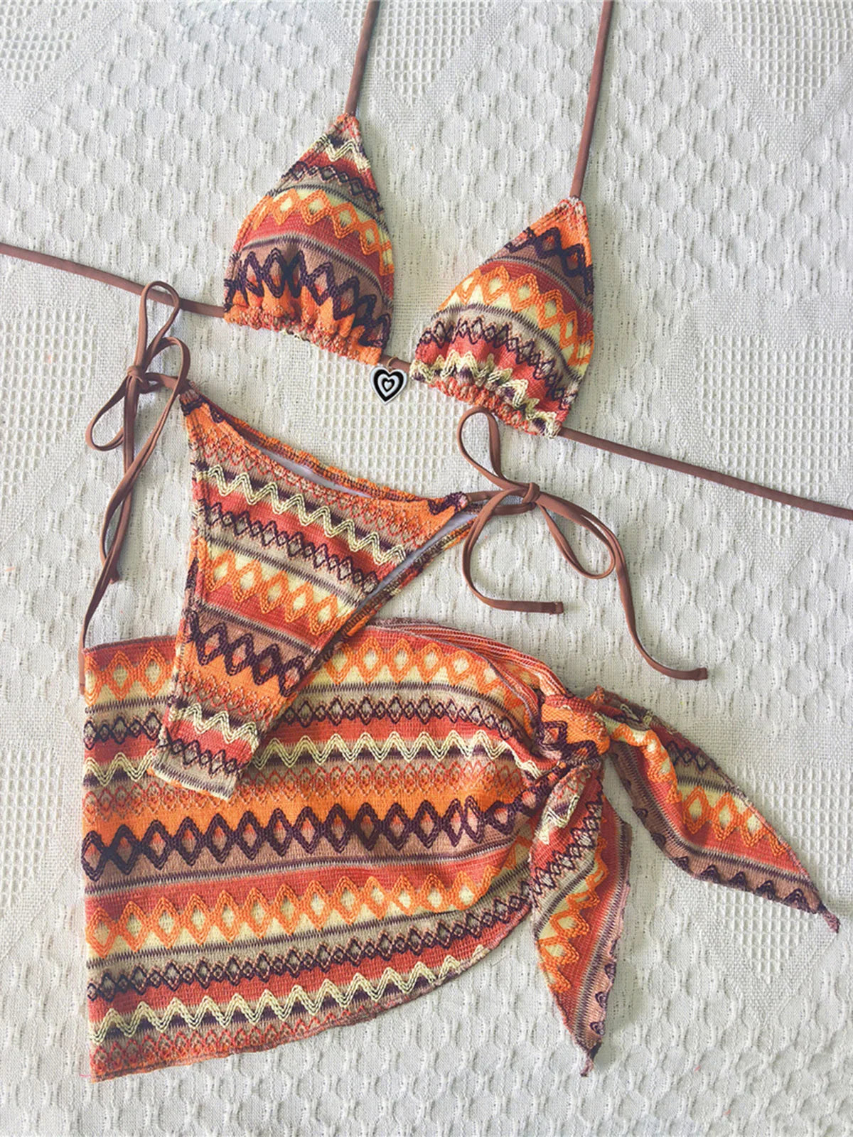 S - XL Three-pieces Bikini Set Printed With Sarong Halter Bikini