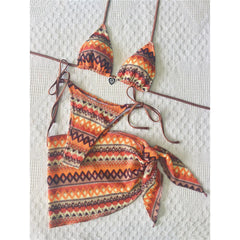 S - XL Three-pieces Bikini Set Printed With Sarong Halter Bikini