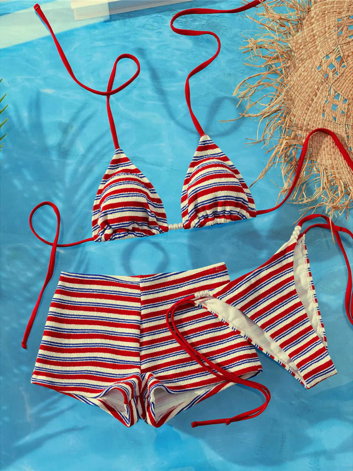 S - XL With Striped Halter Bikini Three-pieces Bikini Set