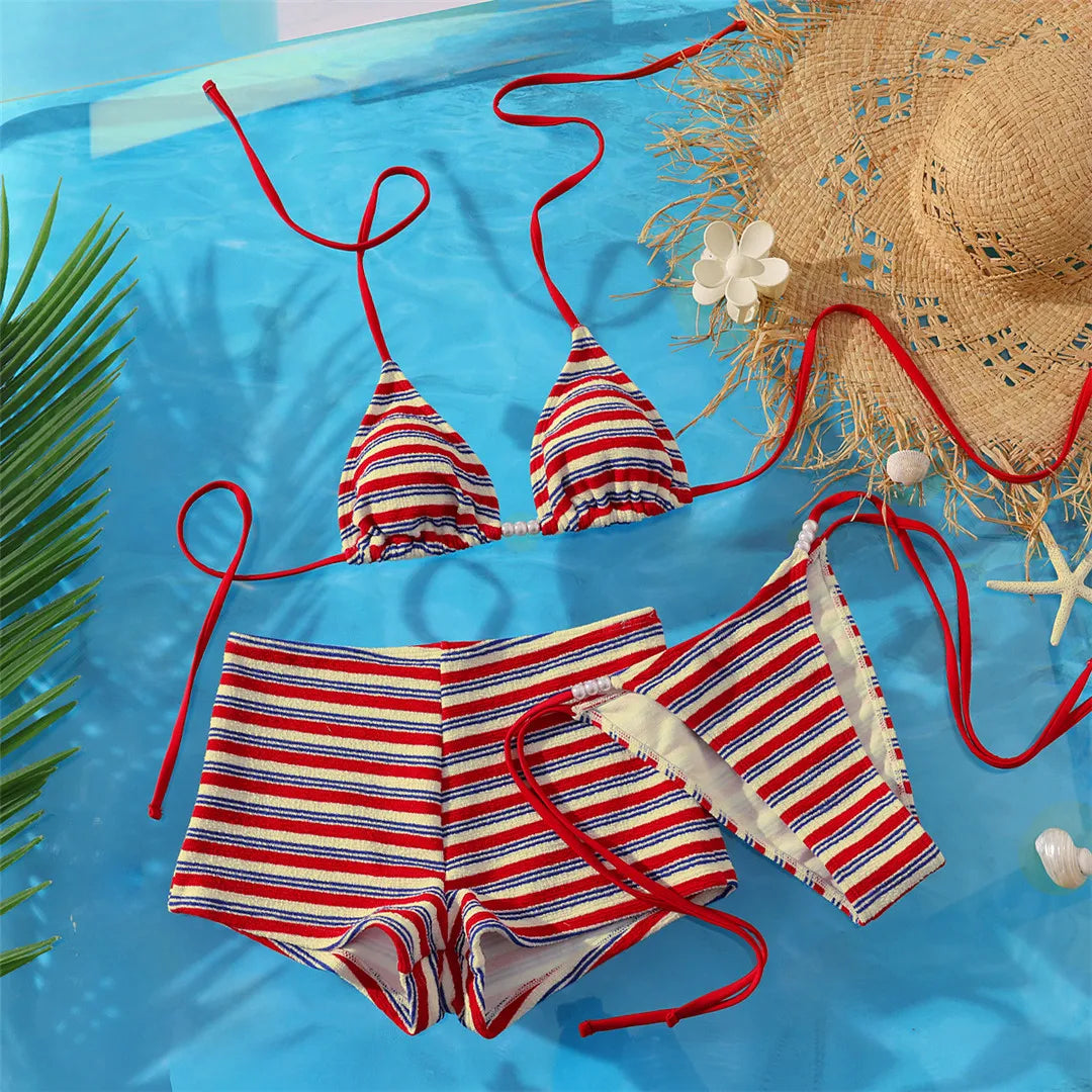 S - XL With Striped Halter Bikini Three-pieces Bikini Set