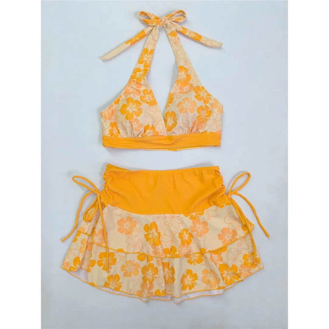 S - XL With Printed Halter Bikini Three-pieces Bikini Set