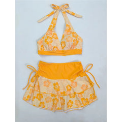 S - XL With Printed Halter Bikini Three-pieces Bikini Set