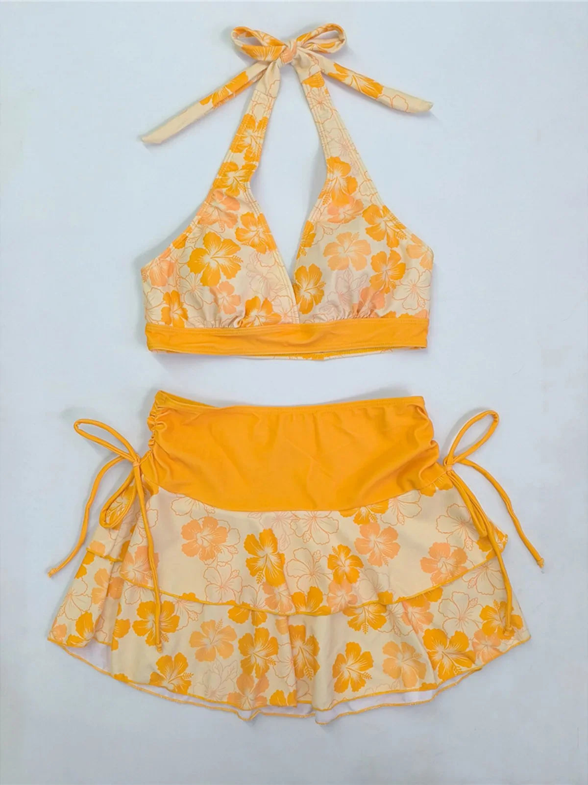 S - XL With Printed Halter Bikini Three-pieces Bikini Set