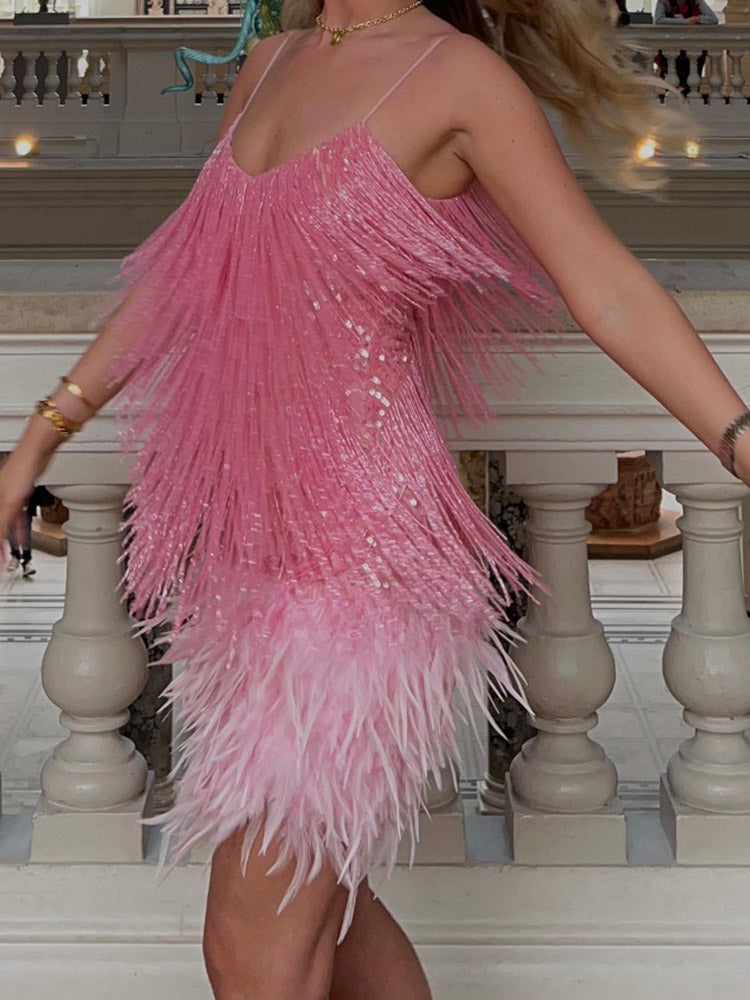 Feather Sequin Camisole Dresses