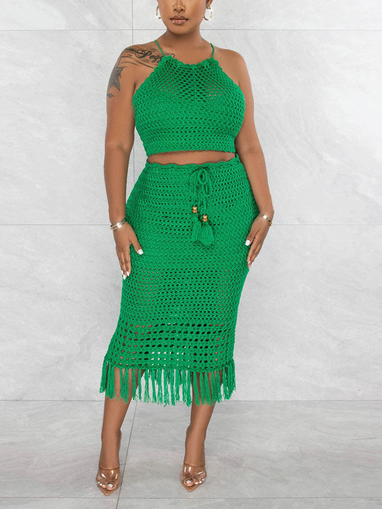 Crochet Halter Top Tassels Skirt Set